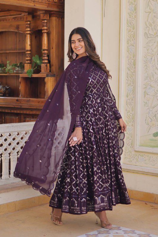 Bewitching Faux Georgette Heavy Sequins Worked Designer Gown - Ethnicwish