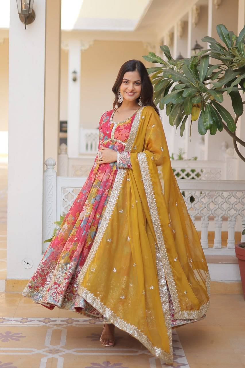 Ravishing Russian Silk Zari Sequins Worked Gown With Dupatta - Ethnicwish