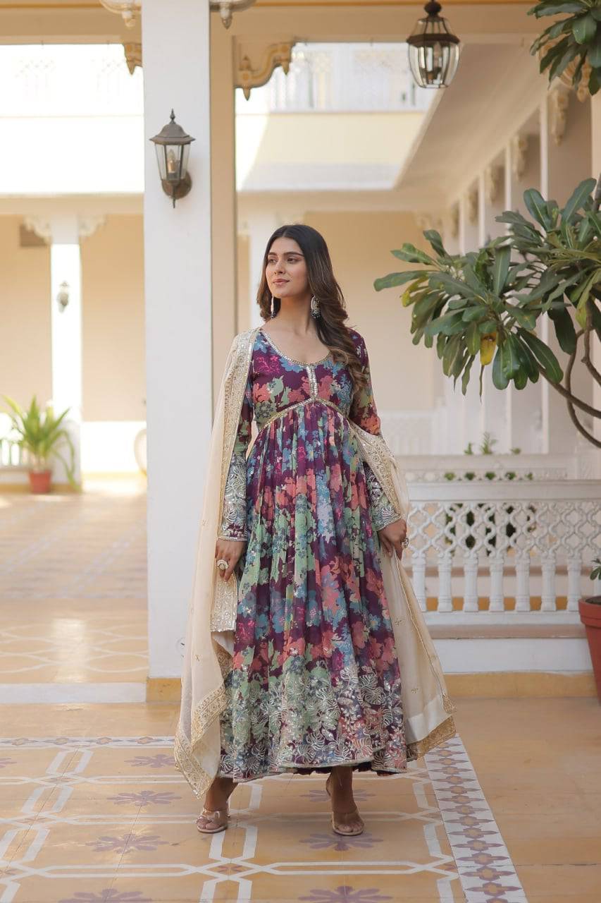 Ravishing Russian Silk Zari Sequins Worked Gown With Dupatta - Ethnicwish