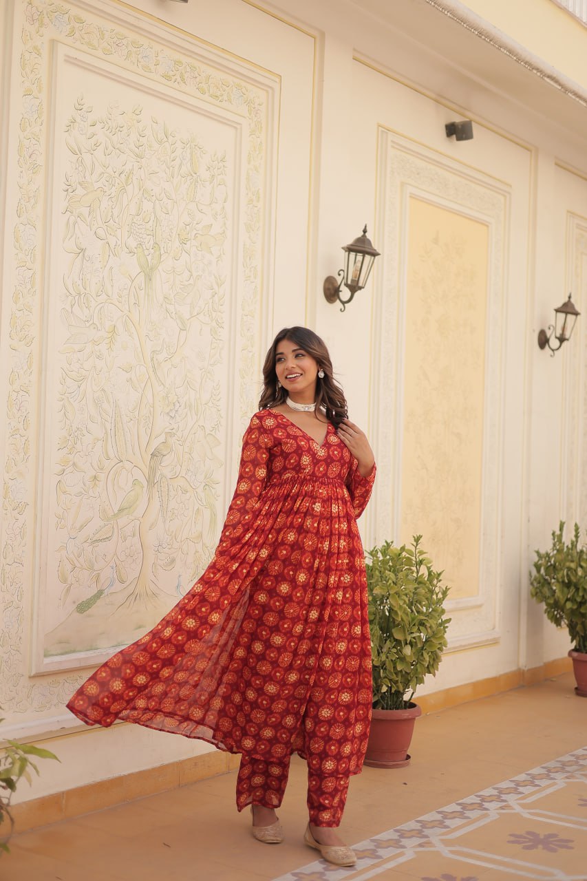 Dashing Faux Georgette Foil Printed Fully Stitched Top Pant Suit - Ethnicwish