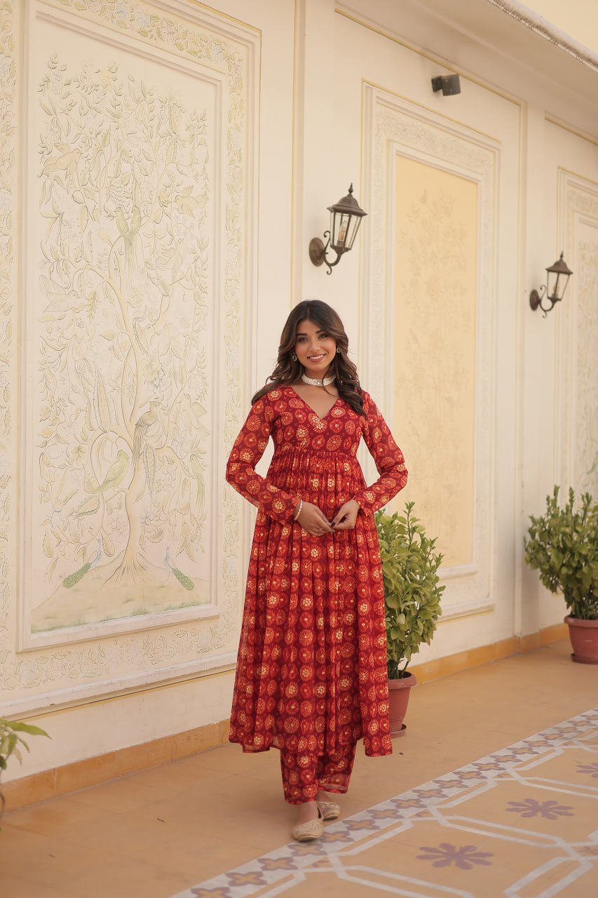 Dashing Faux Georgette Foil Printed Fully Stitched Top Pant Suit - Ethnicwish