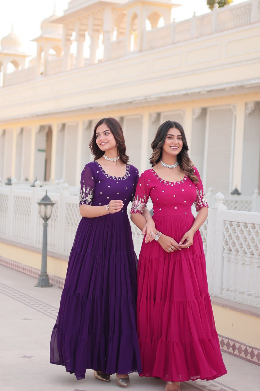 Beguiling Faux Georgette Zari Sequins Worked Designer Gown - Ethnicwish