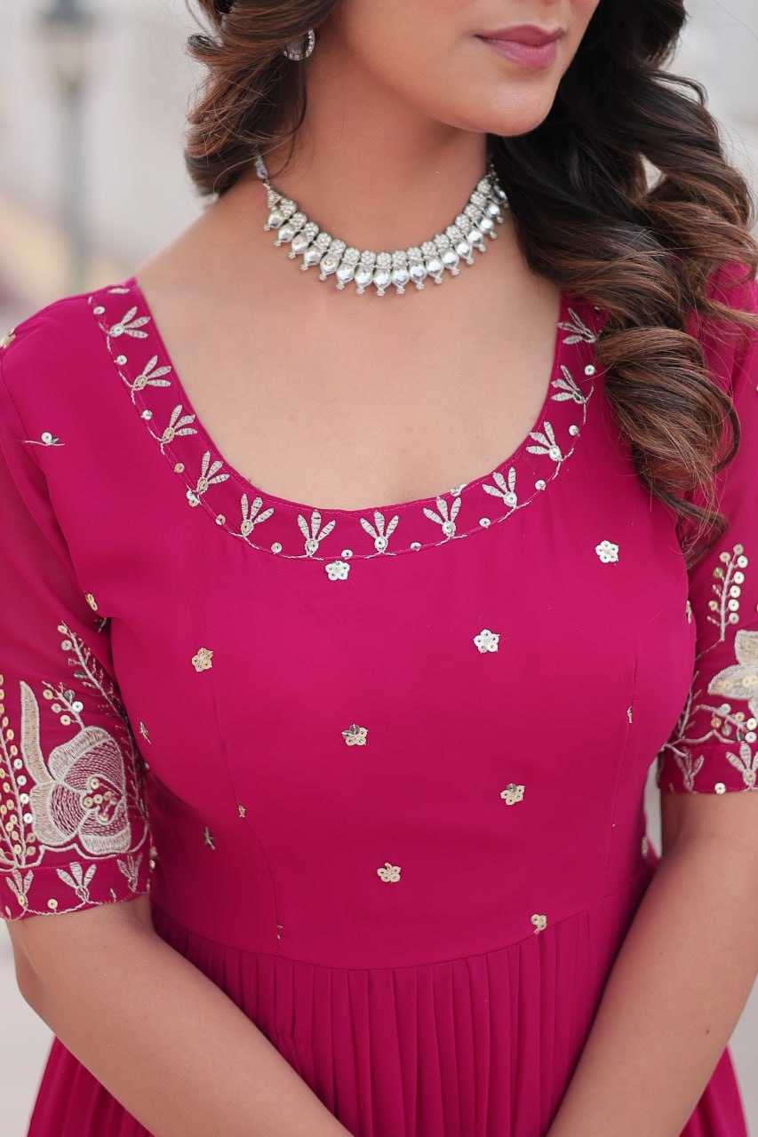 Beguiling Faux Georgette Zari Sequins Worked Designer Gown - Ethnicwish