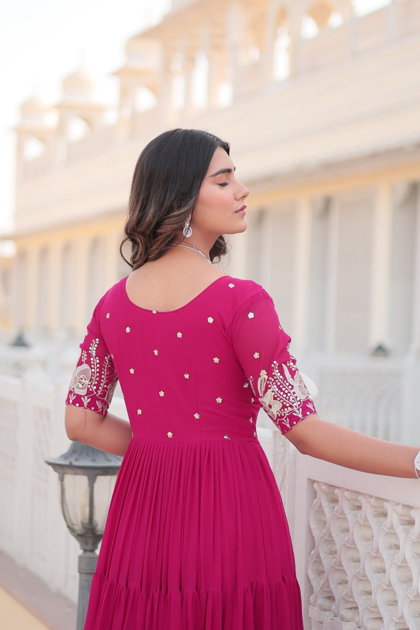 Beguiling Faux Georgette Zari Sequins Worked Designer Gown - Ethnicwish