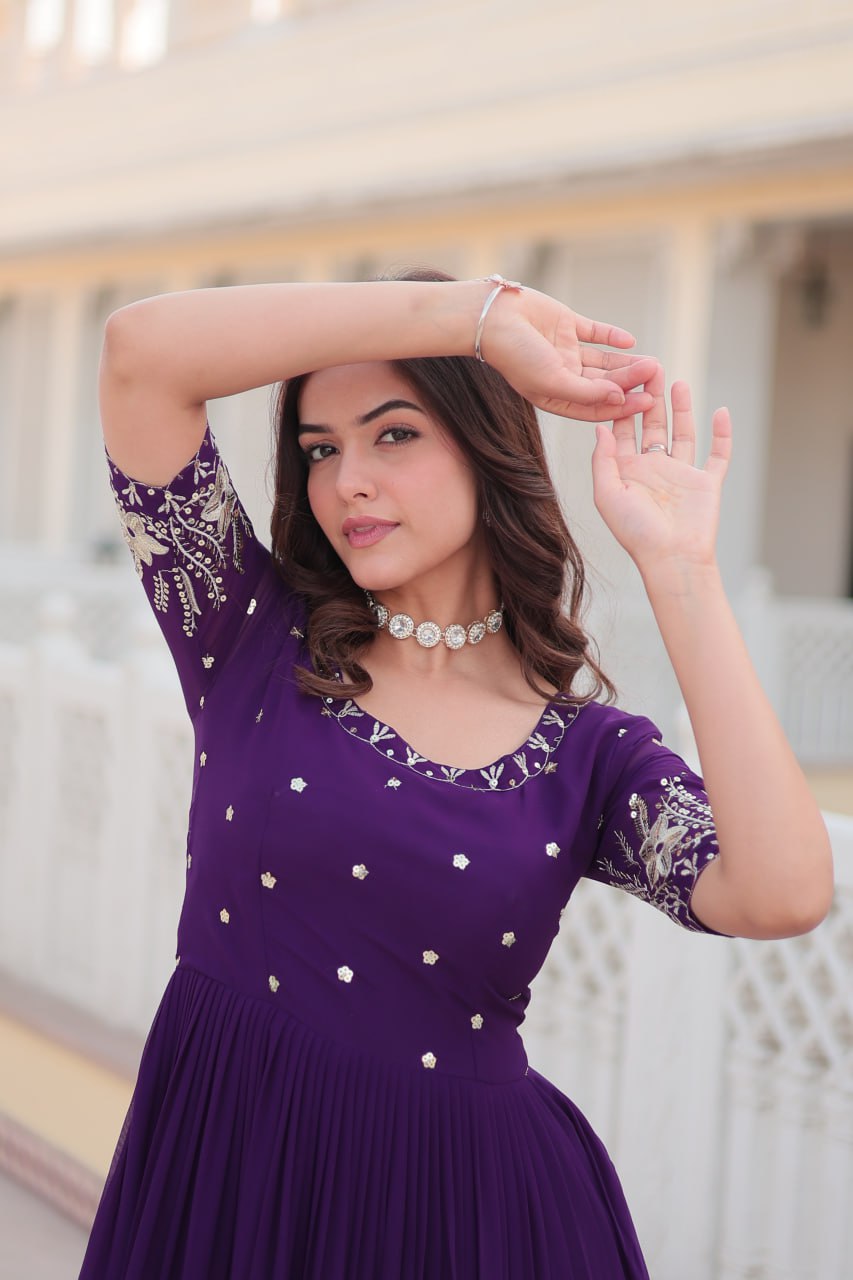 Beguiling Faux Georgette Zari Sequins Worked Designer Gown - Ethnicwish
