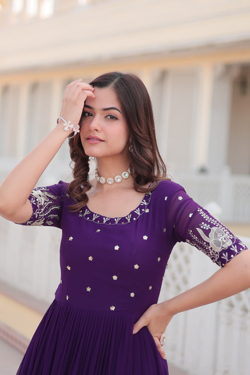 Beguiling Faux Georgette Zari Sequins Worked Designer Gown - Ethnicwish