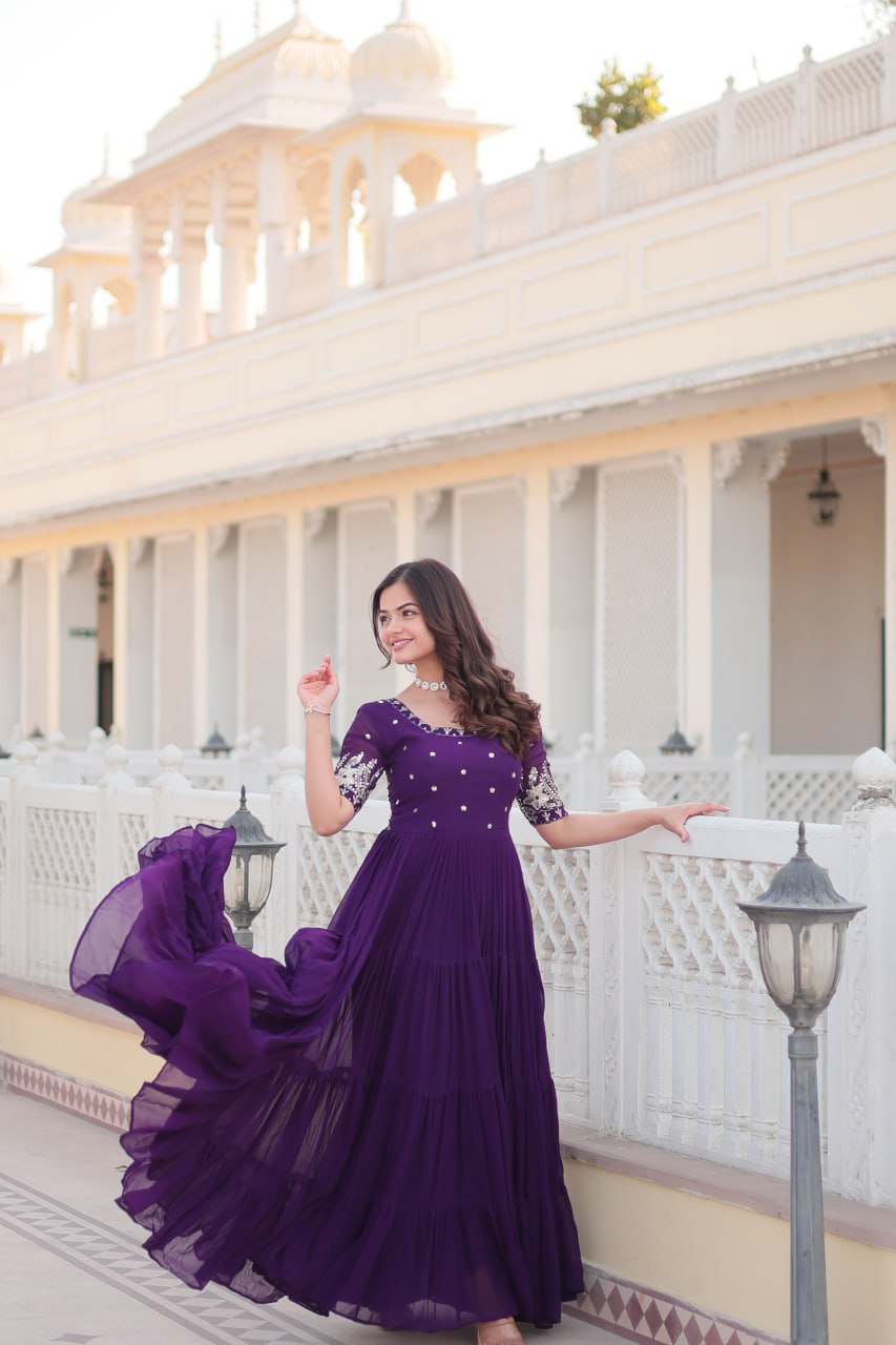 Beguiling Faux Georgette Zari Sequins Worked Designer Gown - Ethnicwish