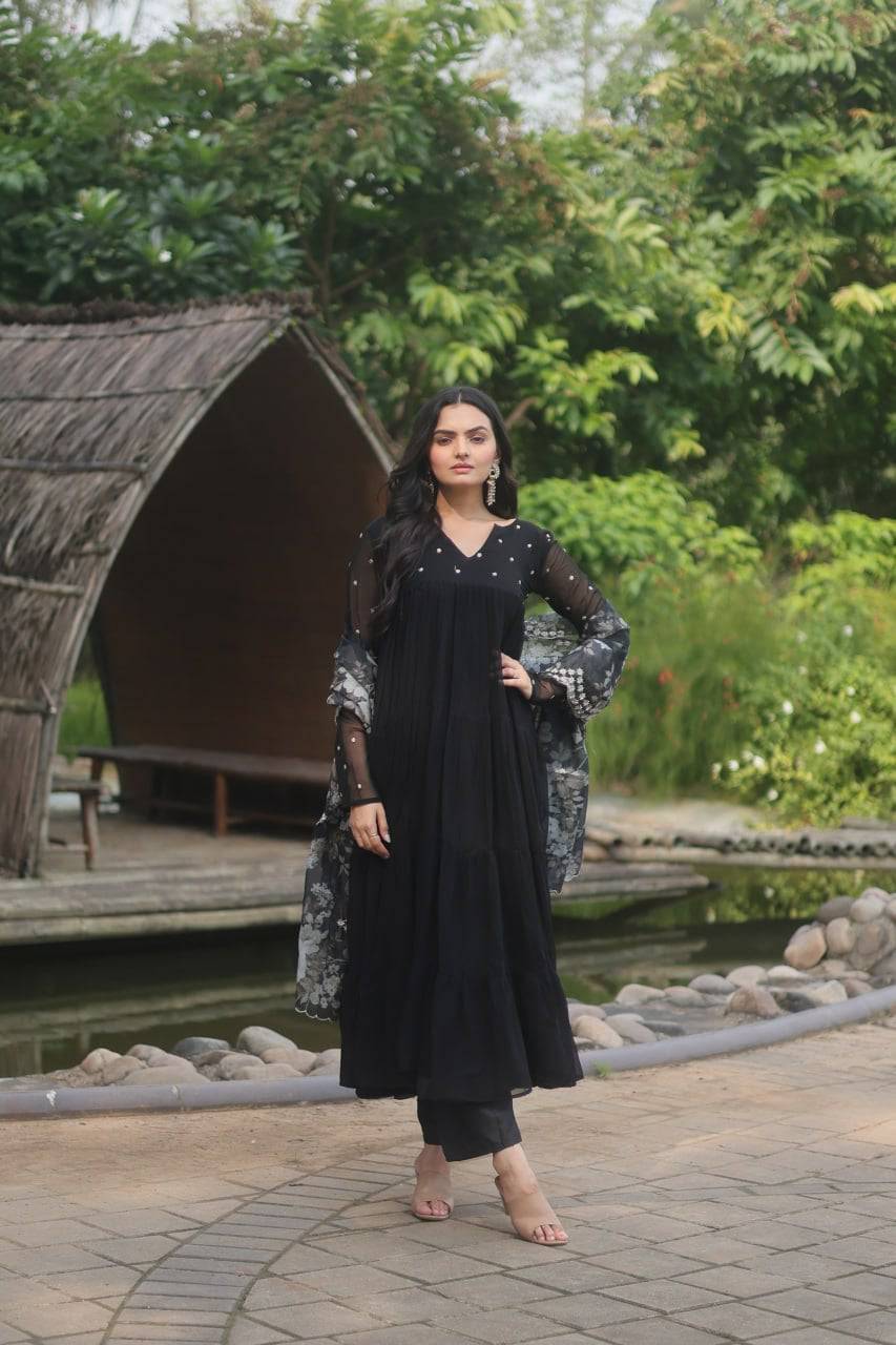 Lighthearted Faux Georgette Butti Worked Anarkali Pant Suit - Ethnicwish