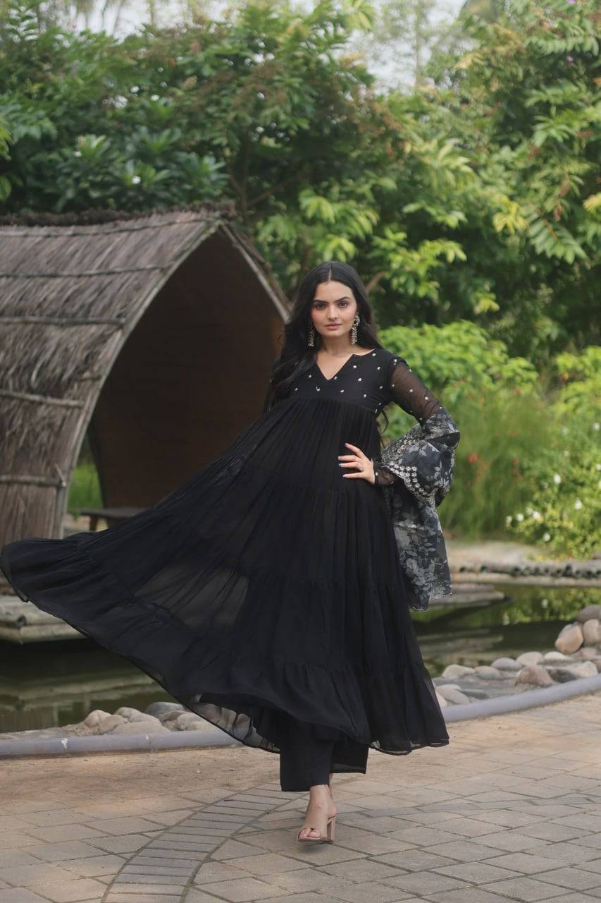 Lighthearted Faux Georgette Butti Worked Anarkali Pant Suit - Ethnicwish