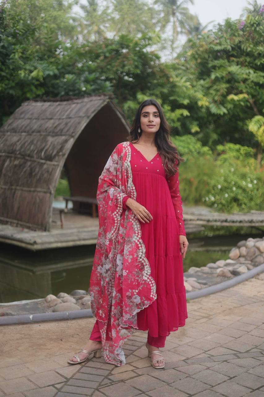 Lighthearted Faux Georgette Butti Worked Anarkali Pant Suit - Ethnicwish