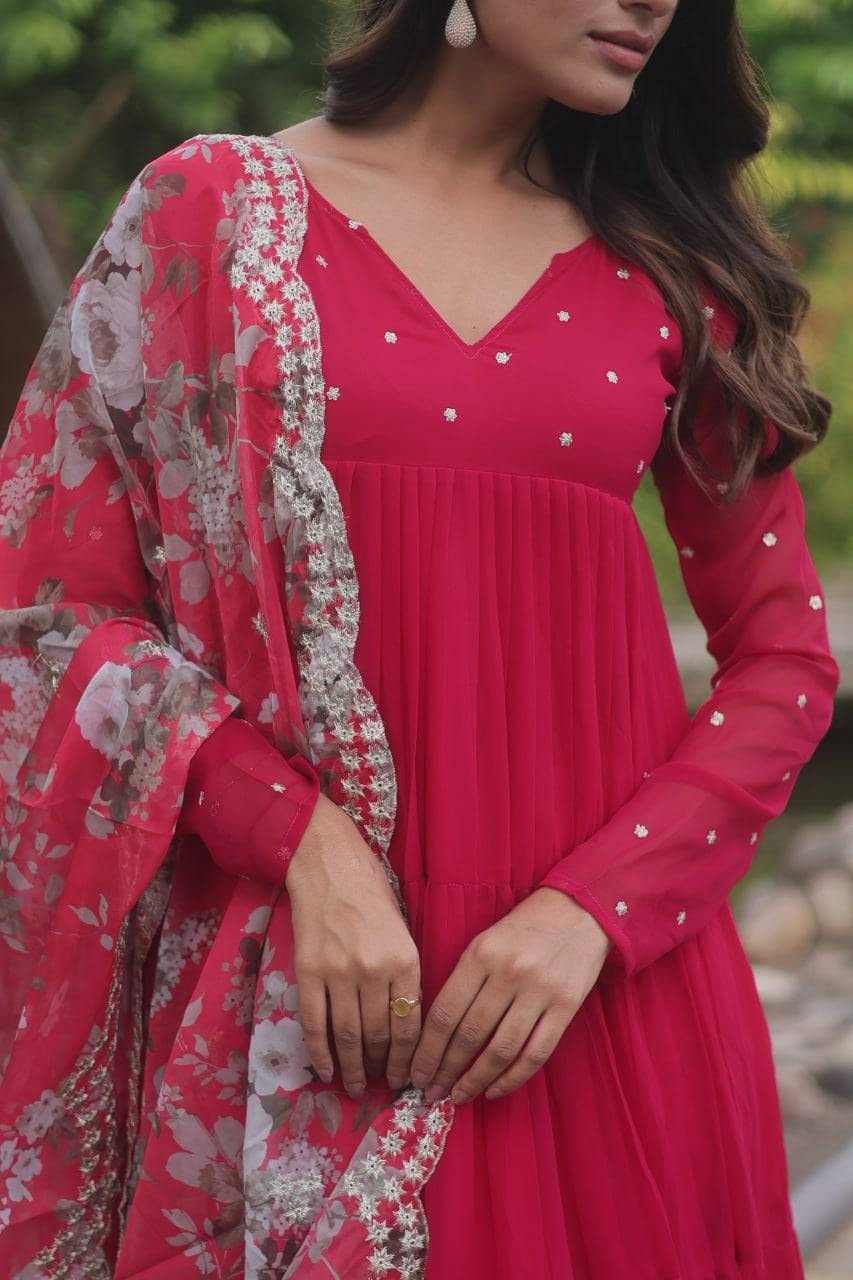 Lighthearted Faux Georgette Butti Worked Anarkali Pant Suit - Ethnicwish