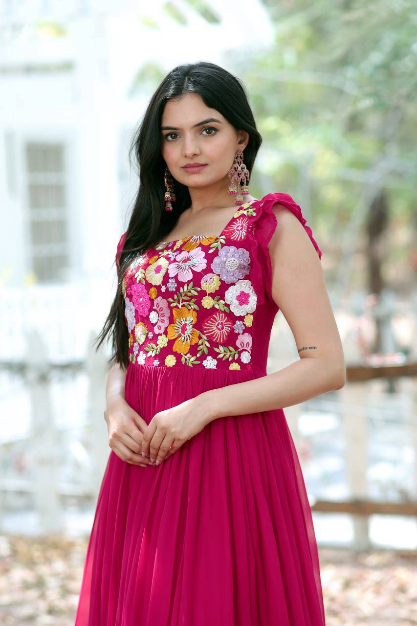 Gentle Faux Georgette Sequins Embroidered Fully Stitched Gown - Ethnicwish