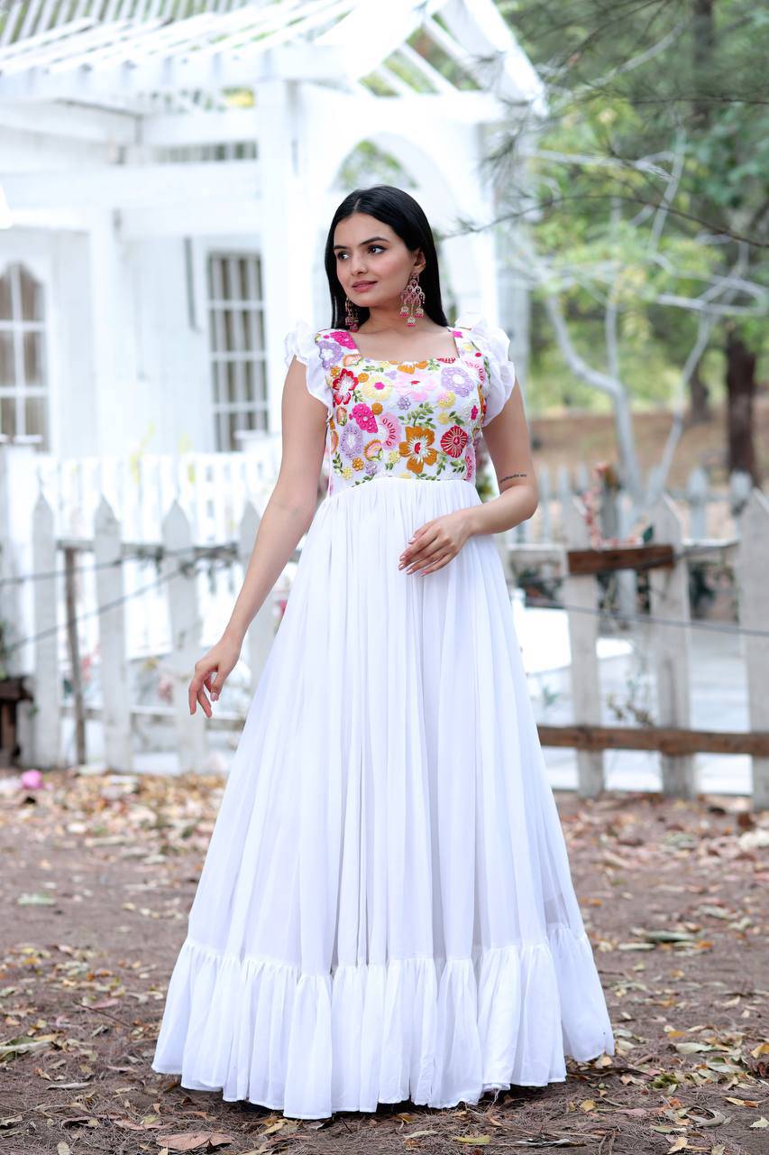 Gentle Faux Georgette Sequins Embroidered Fully Stitched Gown - Ethnicwish