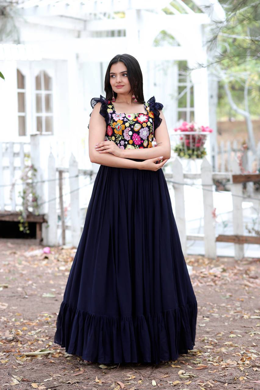 Gentle Faux Georgette Sequins Embroidered Fully Stitched Gown - Ethnicwish