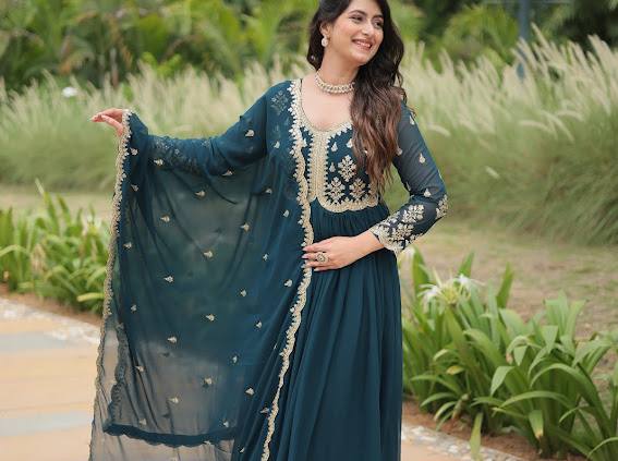 Breathtaking Rama Faux Georgette Fully Stitched Designer Gown - Ethnicwish