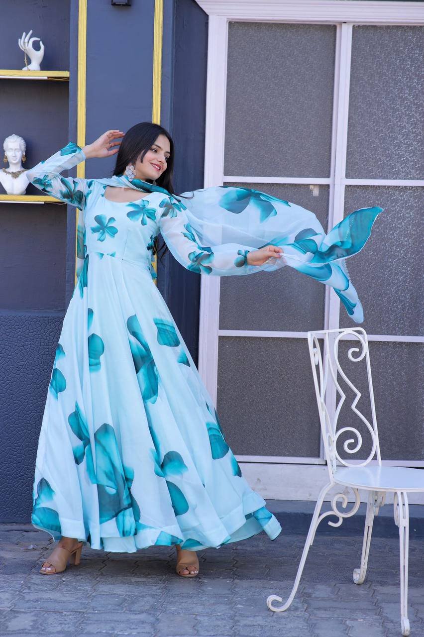 Enticing Tabby Silk Floral Printed Fully Stitched Gown With Dupatta - Ethnicwish