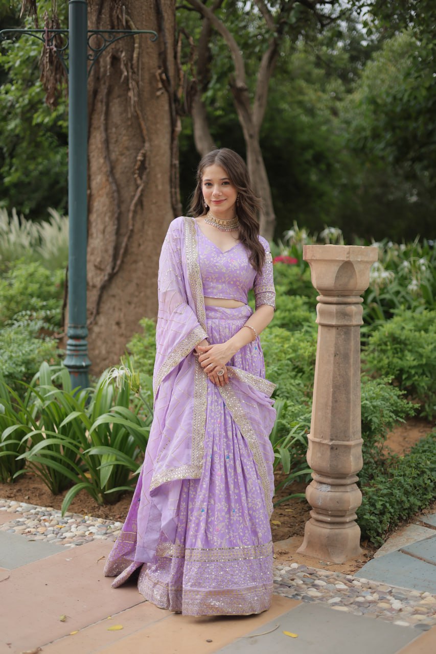 Lovely Viscous Jacquard Sequins Embroidered Lehenga Choli - Ethnicwish