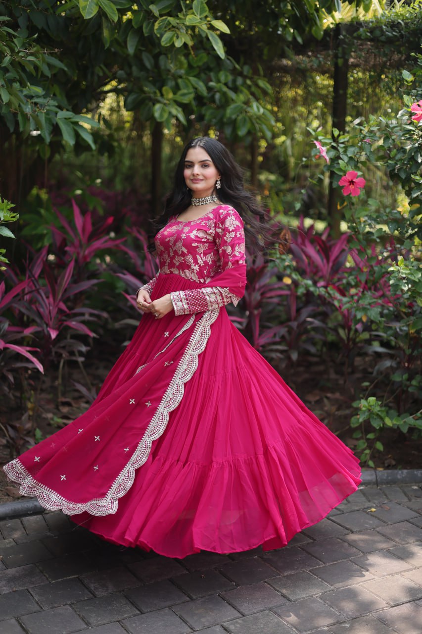 Enticing Faux Georgette Sequins Embroidered Festive Wear Gown - Ethnicwish
