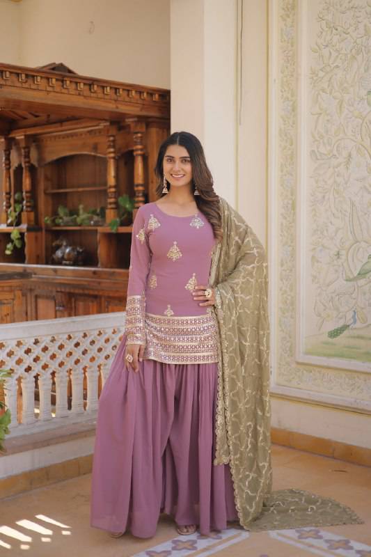Dazzling Faux Georgette Sequins Embroidered Top Palazzo Suit - Ethnicwish