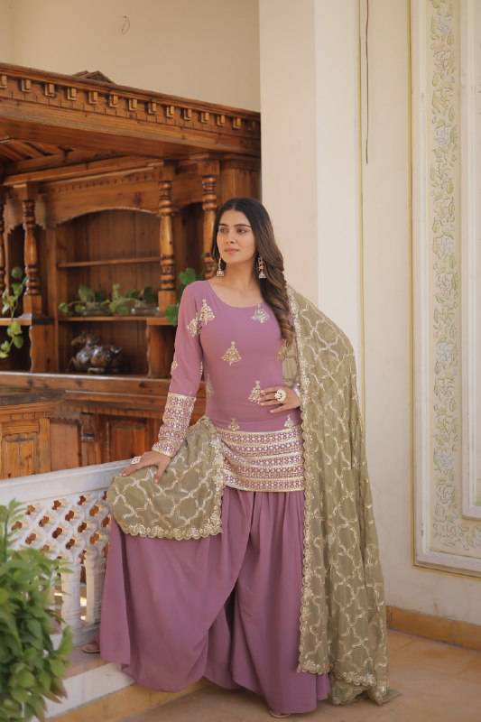 Dazzling Faux Georgette Sequins Embroidered Top Palazzo Suit - Ethnicwish