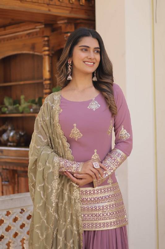 Dazzling Faux Georgette Sequins Embroidered Top Palazzo Suit - Ethnicwish