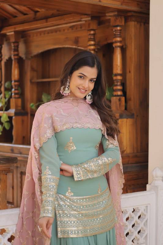 Dazzling Faux Georgette Sequins Embroidered Top Palazzo Suit - Ethnicwish