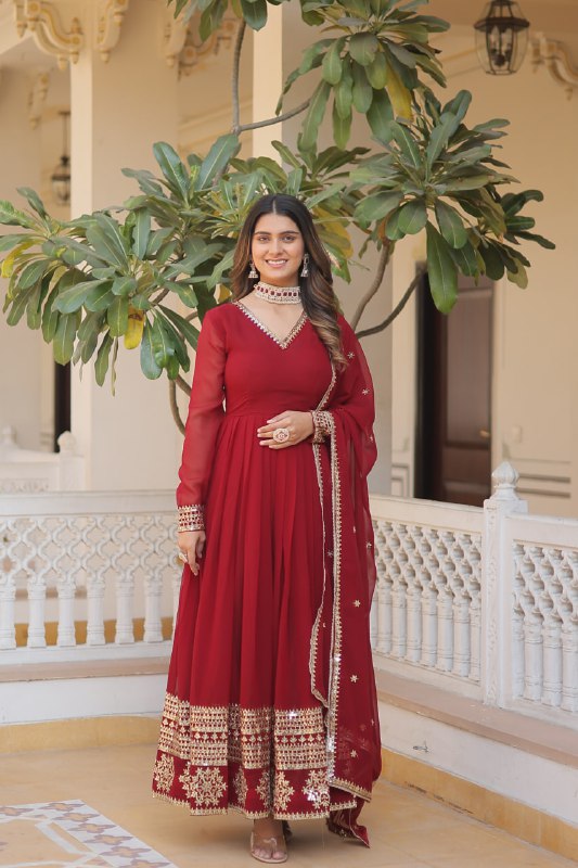 Graceful Faux Georgette Sequins Multi Worked Designer Gown - Ethnicwish