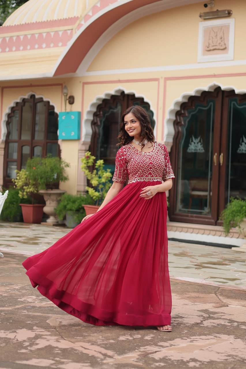 Radiant Faux Georgette Zari Sequins Worked Designer Gown - Ethnicwish