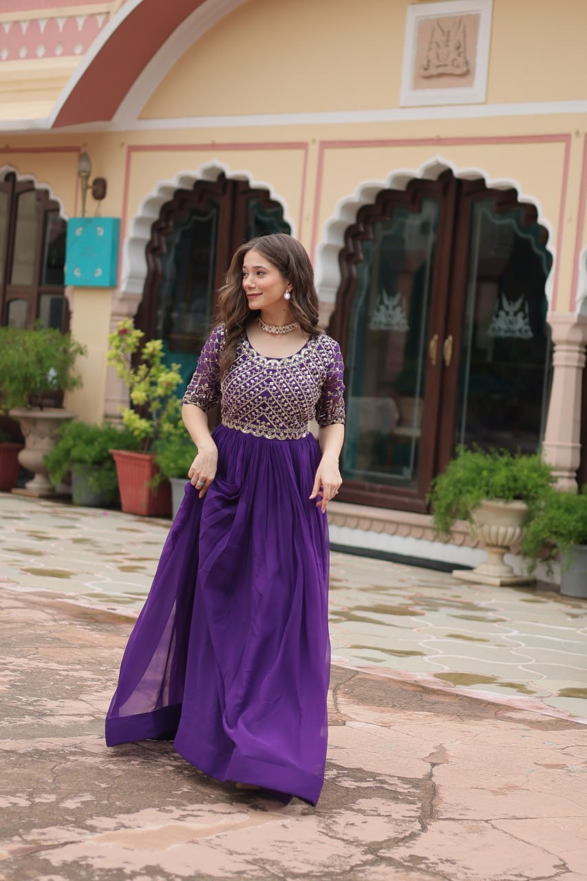 Radiant Faux Georgette Zari Sequins Worked Designer Gown - Ethnicwish