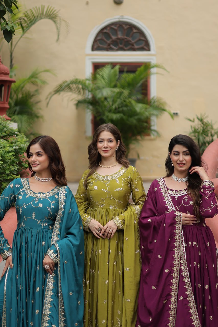 Elegant Chinon Sequins Embroidered Designer Top Sharara Suit - Ethnicwish
