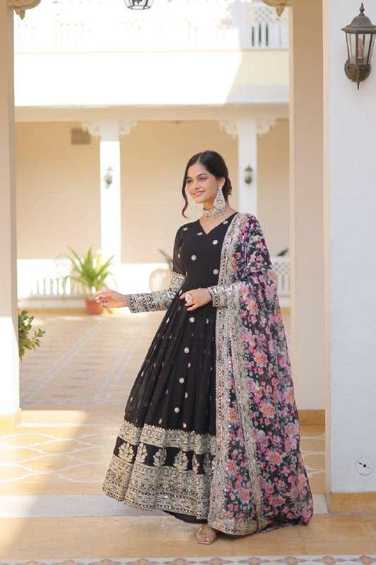 Elegant Faux Georgette Intricate Zari Sequins Worked Gown With Dupatta - Ethnicwish