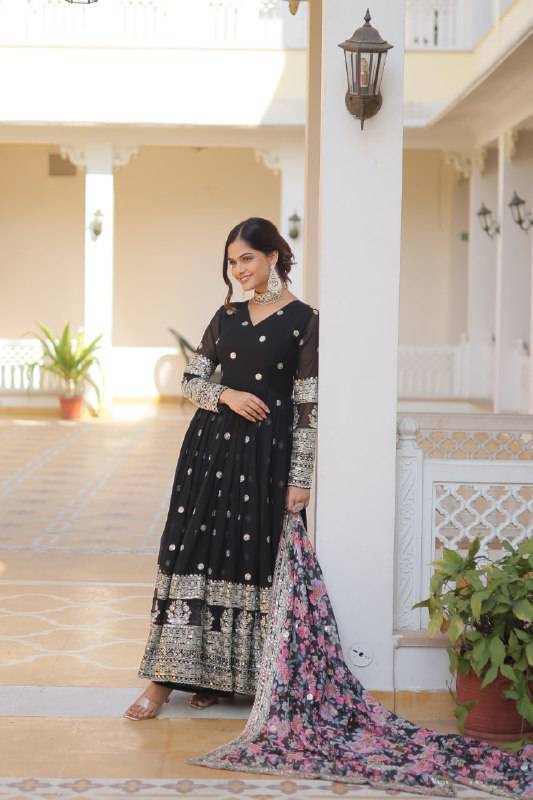 Elegant Faux Georgette Intricate Zari Sequins Worked Gown With Dupatta - Ethnicwish