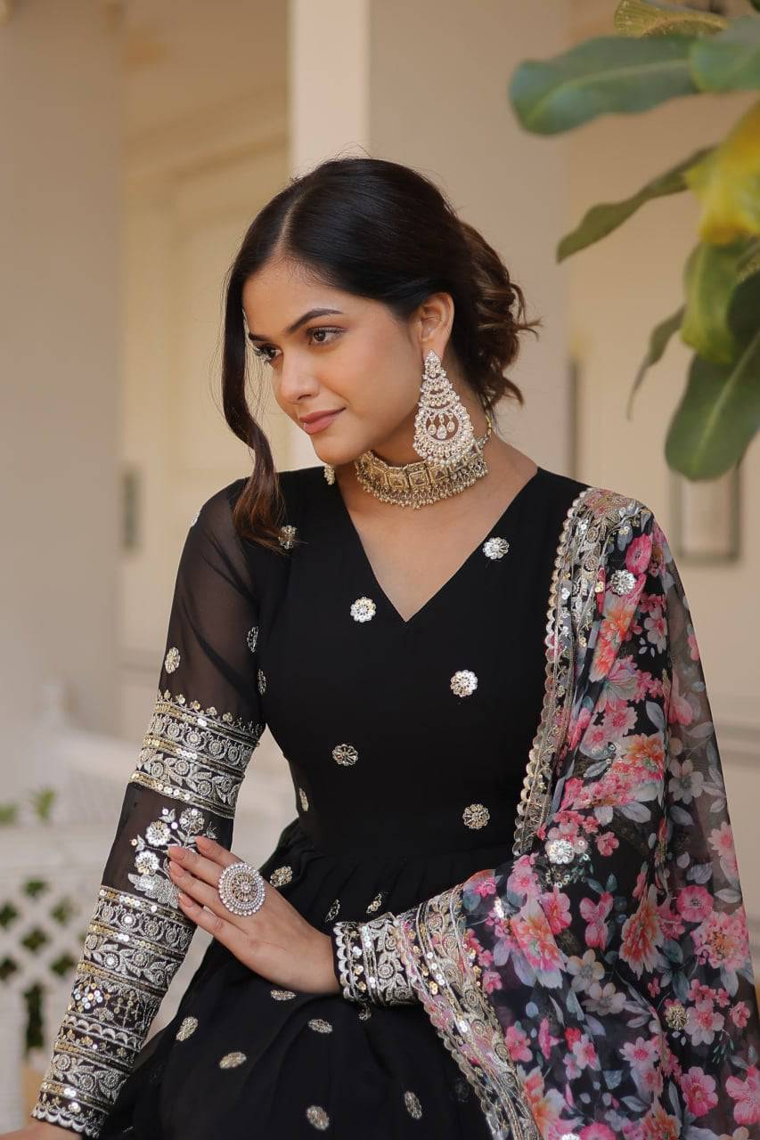 Elegant Faux Georgette Intricate Zari Sequins Worked Gown With Dupatta - Ethnicwish