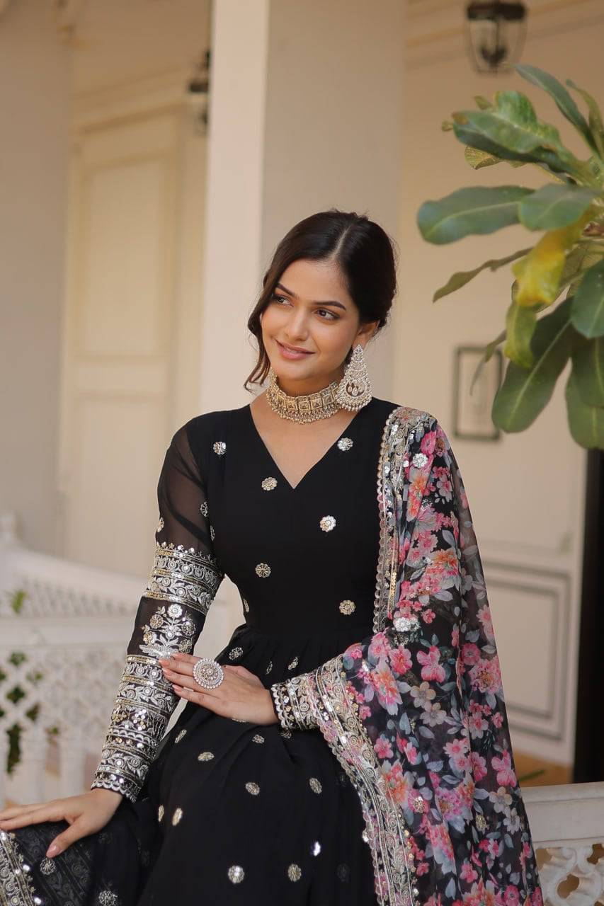 Elegant Faux Georgette Intricate Zari Sequins Worked Gown With Dupatta - Ethnicwish