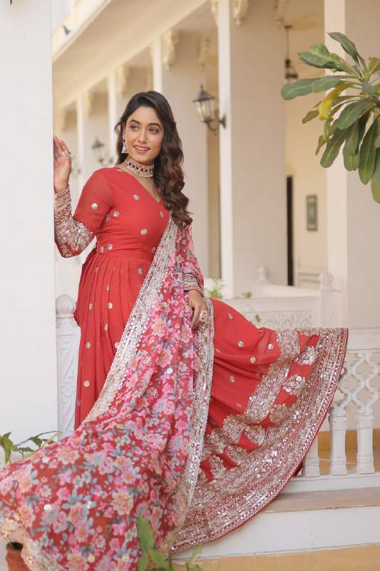Elegant Faux Georgette Intricate Zari Sequins Worked Gown With Dupatta - Ethnicwish