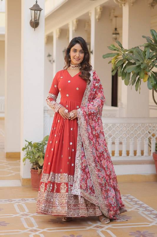 Elegant Faux Georgette Intricate Zari Sequins Worked Gown With Dupatta - Ethnicwish