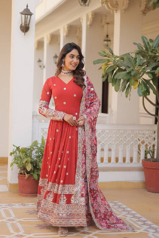 Elegant Faux Georgette Intricate Zari Sequins Worked Gown With Dupatta - Ethnicwish