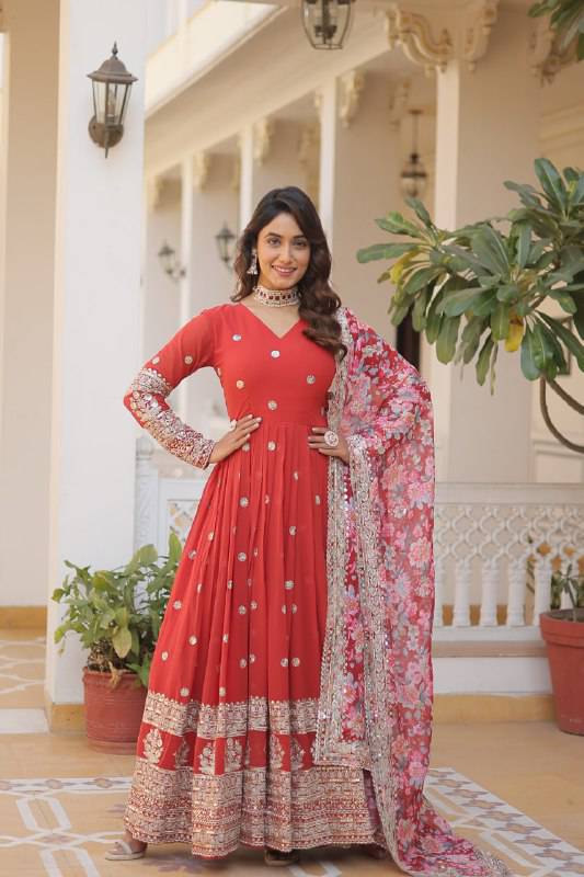 Elegant Faux Georgette Intricate Zari Sequins Worked Gown With Dupatta - Ethnicwish