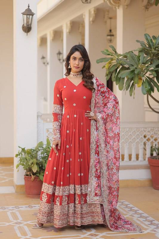 Elegant Faux Georgette Intricate Zari Sequins Worked Gown With Dupatta - Ethnicwish