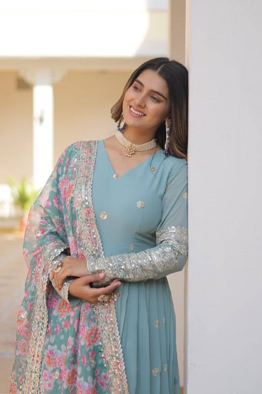 Elegant Faux Georgette Intricate Zari Sequins Worked Gown With Dupatta - Ethnicwish