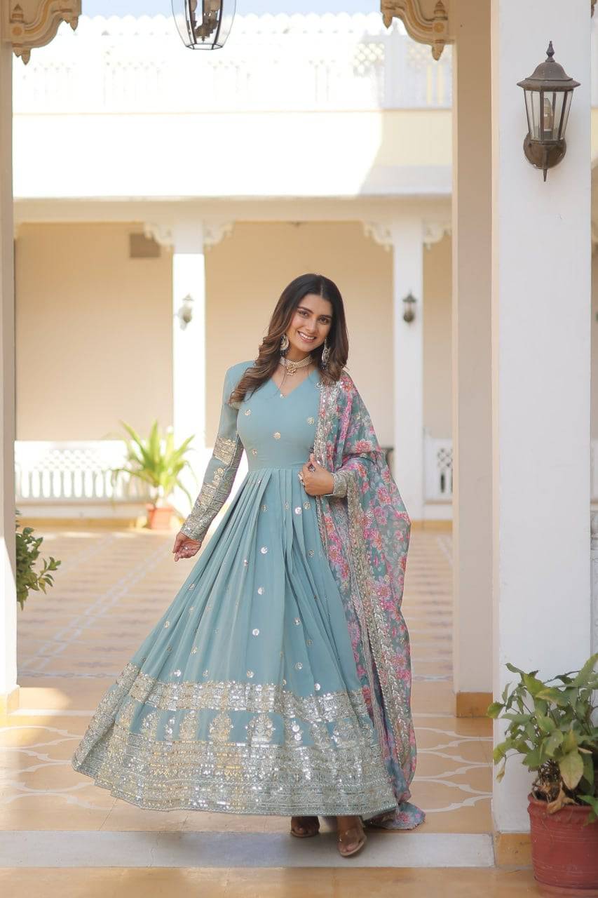 Elegant Faux Georgette Intricate Zari Sequins Worked Gown With Dupatta - Ethnicwish