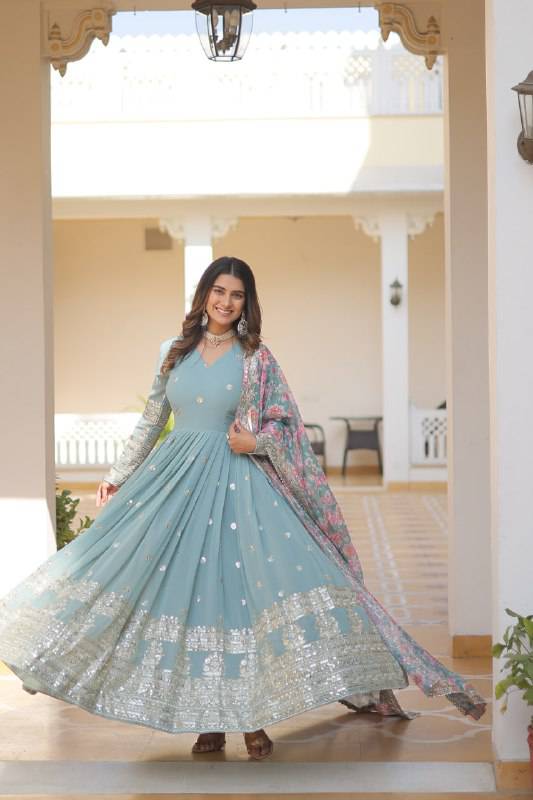 Elegant Faux Georgette Intricate Zari Sequins Worked Gown With Dupatta - Ethnicwish