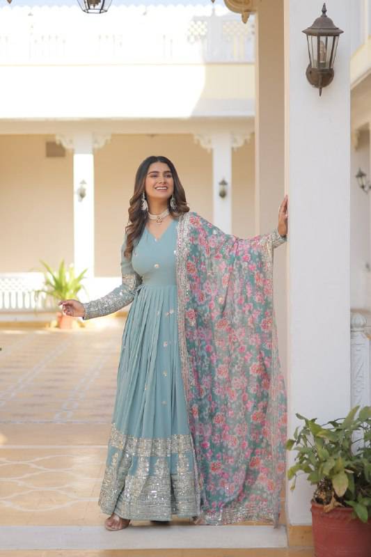 Elegant Faux Georgette Intricate Zari Sequins Worked Gown With Dupatta - Ethnicwish