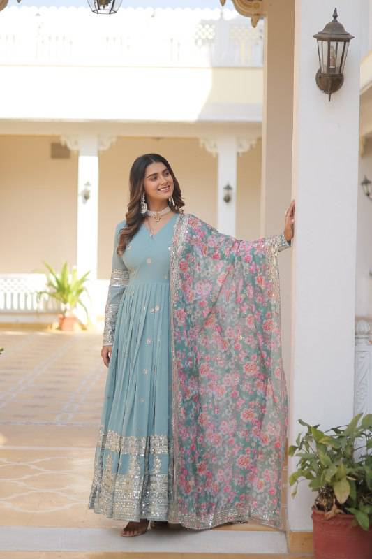 Elegant Faux Georgette Intricate Zari Sequins Worked Gown With Dupatta - Ethnicwish