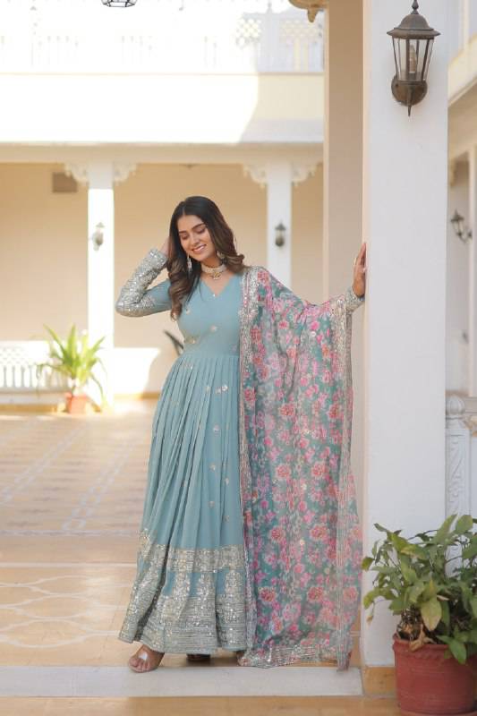 Elegant Faux Georgette Intricate Zari Sequins Worked Gown With Dupatta - Ethnicwish