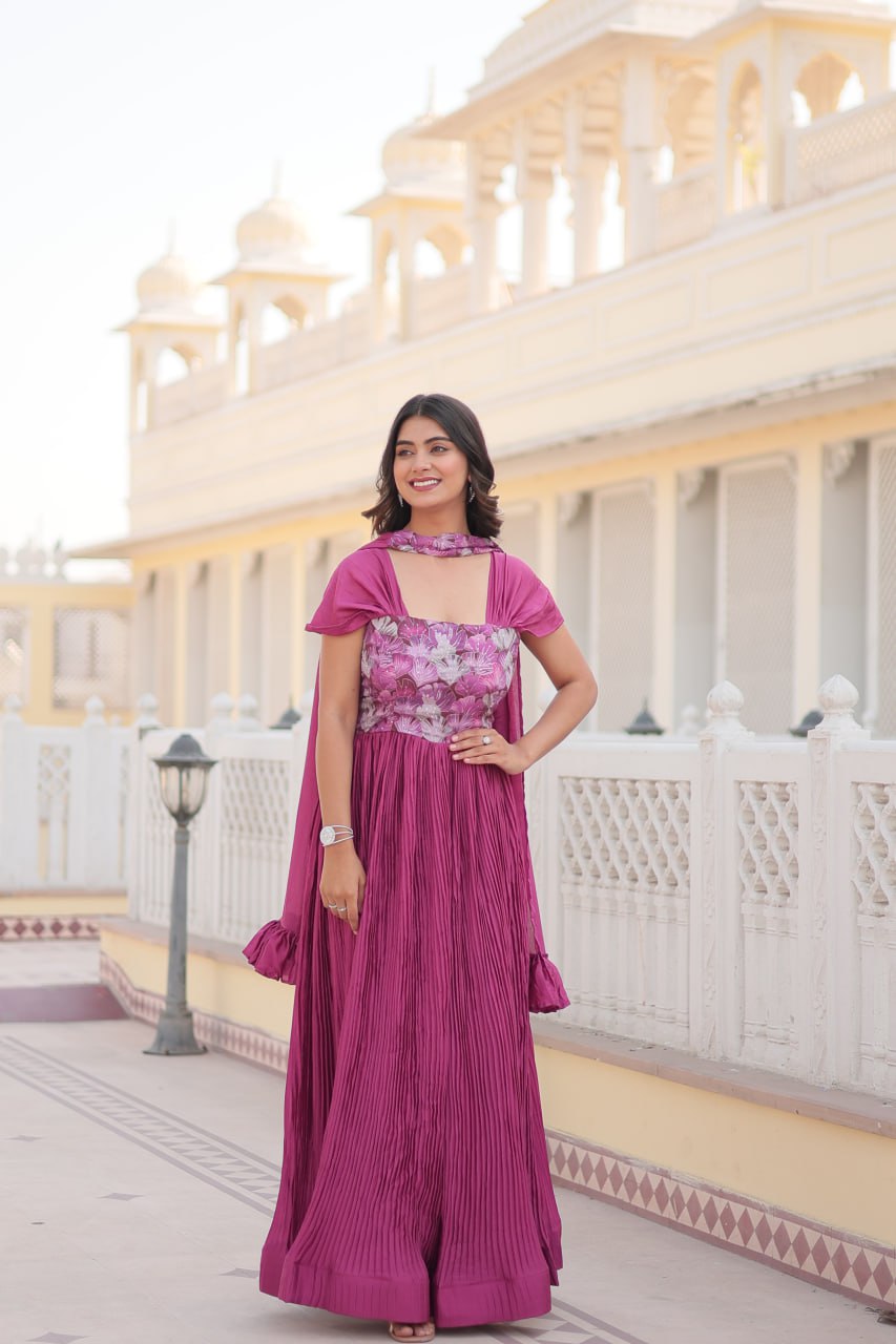 Appealing Chinon Position Printed Fully Stitched Gown With Dupatta - Ethnicwish