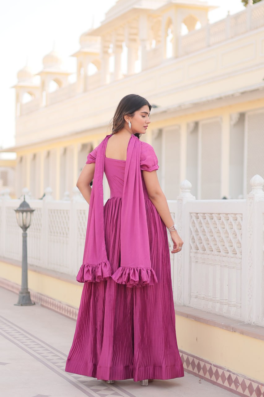 Appealing Chinon Position Printed Fully Stitched Gown With Dupatta - Ethnicwish