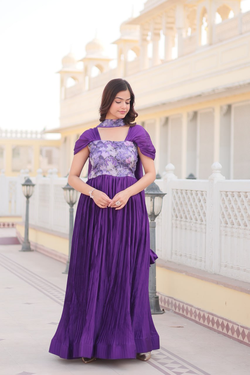 Appealing Chinon Position Printed Fully Stitched Gown With Dupatta - Ethnicwish