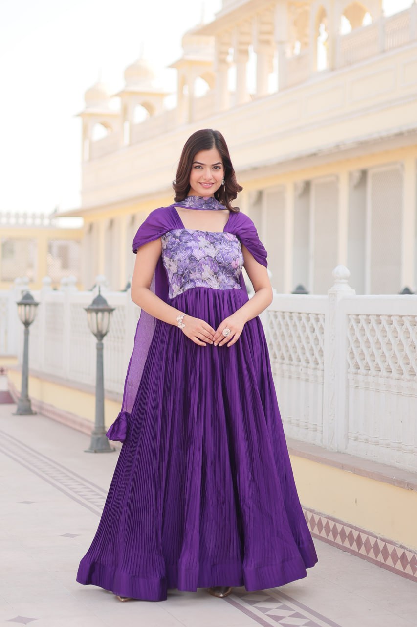 Appealing Chinon Position Printed Fully Stitched Gown With Dupatta - Ethnicwish