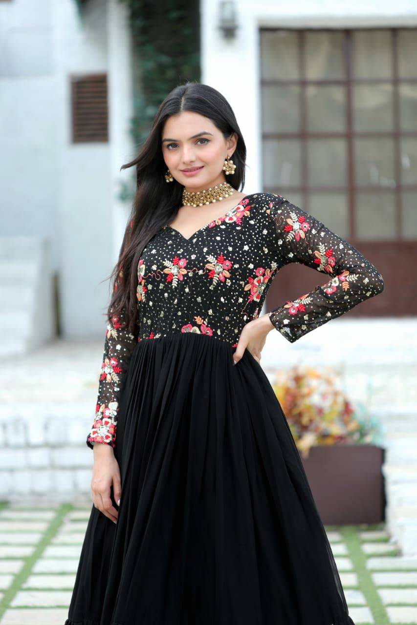 Prepossessing Wine Faux Georgette Sequins Worked Designer Gown - Ethnicwish